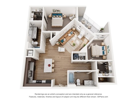 A 3D floor plan of a house with a kitchen, living room, and bathroom.